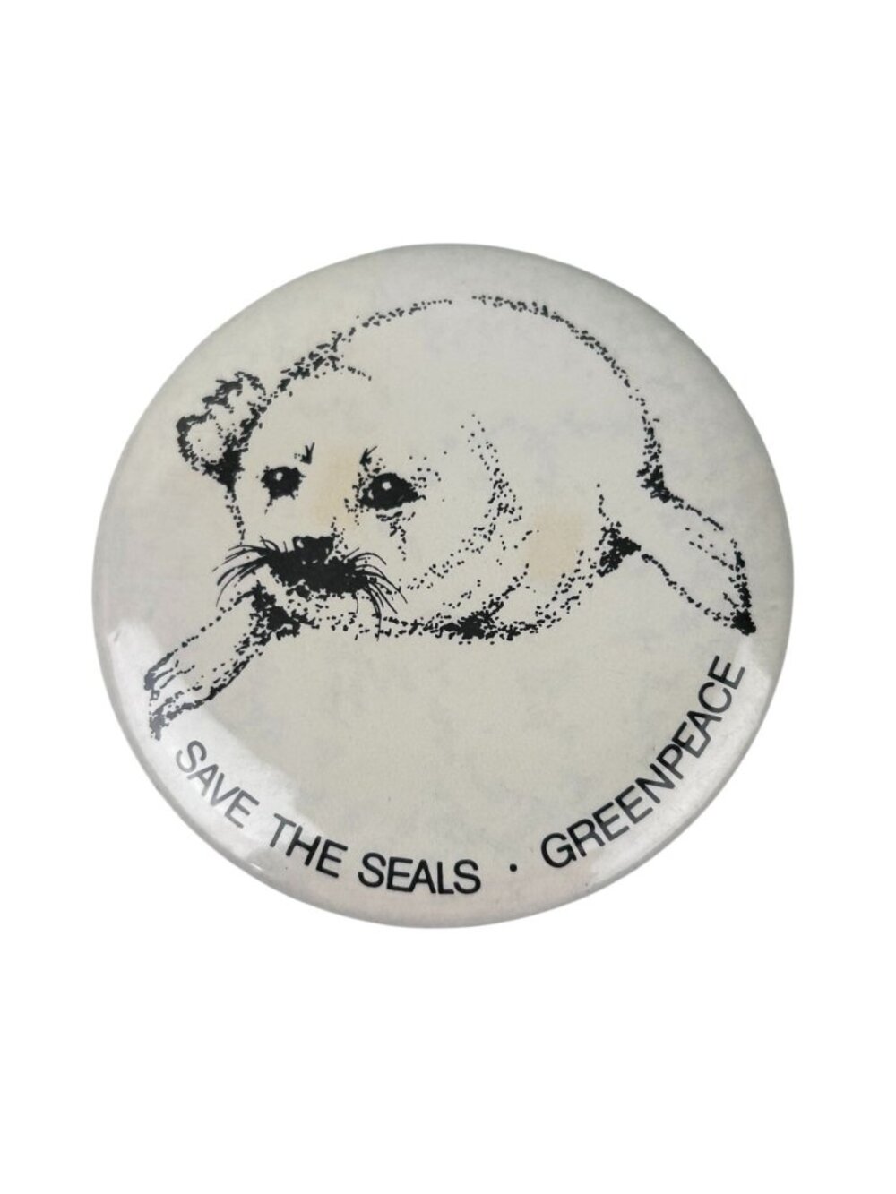 VTG GREENPEACE Save the Seals Pin Badge Button Black White Animal Rights Protest